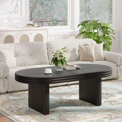 Mid Century Modern Oval Fluted Coffee Table, Farmhouse Wood Coffee Table, Cocktail Table, Center Table for Living Room, Office, Home Decor(Black, 23.62' D x 47.24' W x 16.34' H)