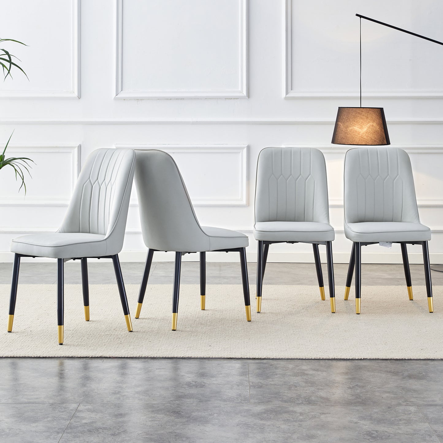 Modern dining chairs are equipped with light gray PU artificial leather backrest cushions and black metal legs, suitable for restaurants,kitchens,and bedrooms.Set of 4pieces (light gray+PU)