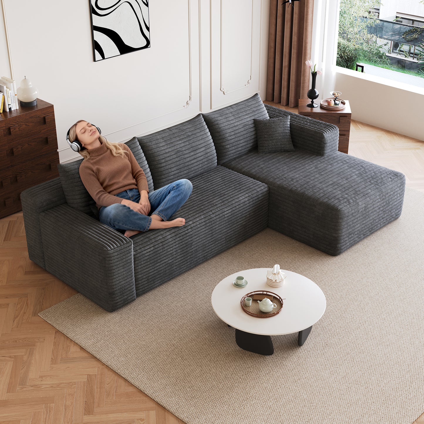 95' Cloud Sectional Sofa,Modern Minimalist Upholstered Couches, Comfort U Shaped Sofa for Living Room,Deep Seat Corner Couch,No Assembly Required,Dark Grey( (Plush Corduroy Fabric)