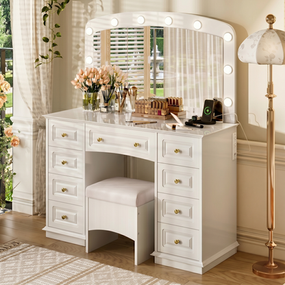 <Old SKU: N704P328549A>Luxurious Makeup Vanity with 10 Hollywood Bulbs, 3 Color Lighting Modes, Classic Dressing Table with Cushioned Stool and 9 Storage Drawers for Bedroom, White