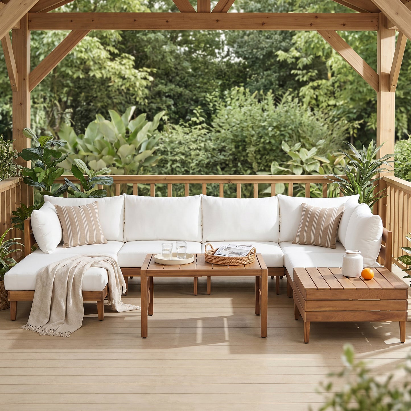 TOPMAX 8-Piece Acacia Wood Outdoor Patio Sofa Set, Modular Sectional Furniture Set with Storage Tea Table, Coffee Table and Cushions for Backyard, Poolside, Indoor&Outdoor, Beige