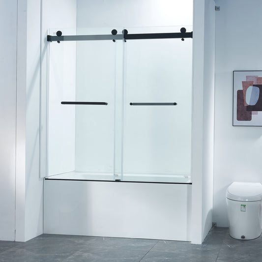 56-60'W x 60'H Frameless Double Sliding Tub Shower Door, 304 Stainless Steel in Matte Black, 5/16' (8mm) Thick SGCC Tempered Clear Glass.