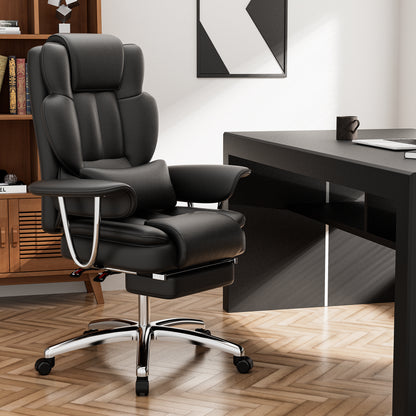 Office Chair, Big and Tall Executive Office Chair with Footrest, Leather Computer Chair, Ergonomic Reclining Chair High Back, Large Home Office Chair (Black)