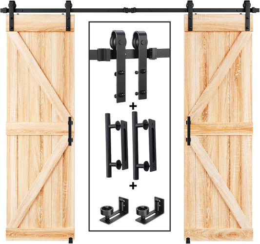 12FT Wood Double Sliding Barn Door Hardware Basic Black Big Spoke Wheel Roller Kit, 5-18FT for Choose
