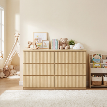 Modern Natural Wood 6 Drawer Dresser, Wave Panel Drawer Fronts, Storage Cabinet, Versatile Chest of Drawers for Bedroom, Living Room - Sleek & Spacious Home Storage Solution