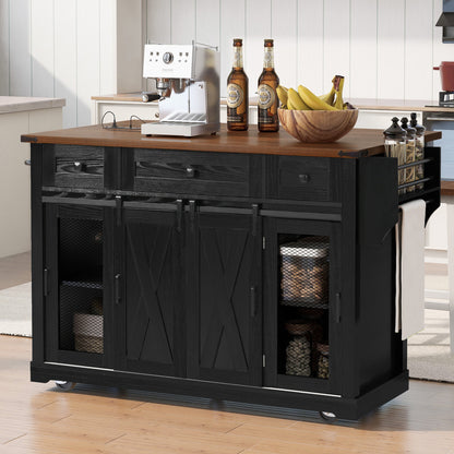 K&K 58' Farmhouse Kitchen Island with Storage, Sliding Barn Door & Metal Grid Side Door, Rolling Kitchen Island on 5 Wheels with Spice Rack, Glass Holders,Island Table with Drop Leaf for Kitchen,Black