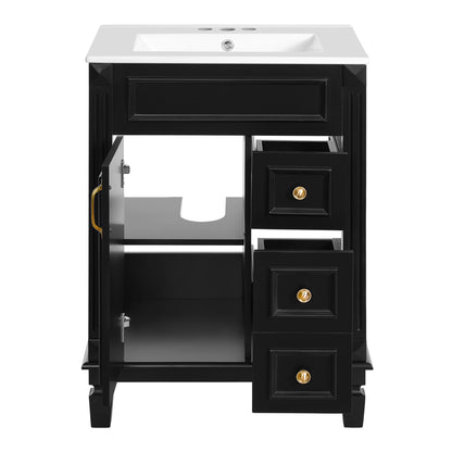 Modern Black Bathroom Vanity with Ceramic Sink, 24' Compact Cabinet with 2 Drawers and Adjustable Shelf
