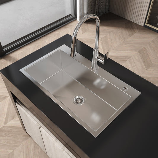 Stainless Steel Kitchen Sink, 32″x19″ Single Bowl, Overmount Handmade Sink in Brushed Nickel, with US Standard Drain and Hook, LS-SSBR02