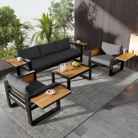 Aluminum Frame Large 4-Piece Outdoor Patio Furniture Set for 5 Person, 3-Seater Sofa, 2 Armchairs with Fold-Out Side Tables, Modern Garden/Patio Seating, Grey Cushions