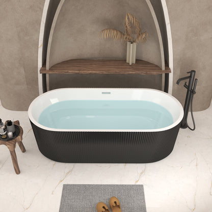 59' Linear Acrylic Freestanding Bathtub Stand Alone Soaker Tub, Glossy Black Acrylic, POP-UP Chrome Drain, cUPC Certified
