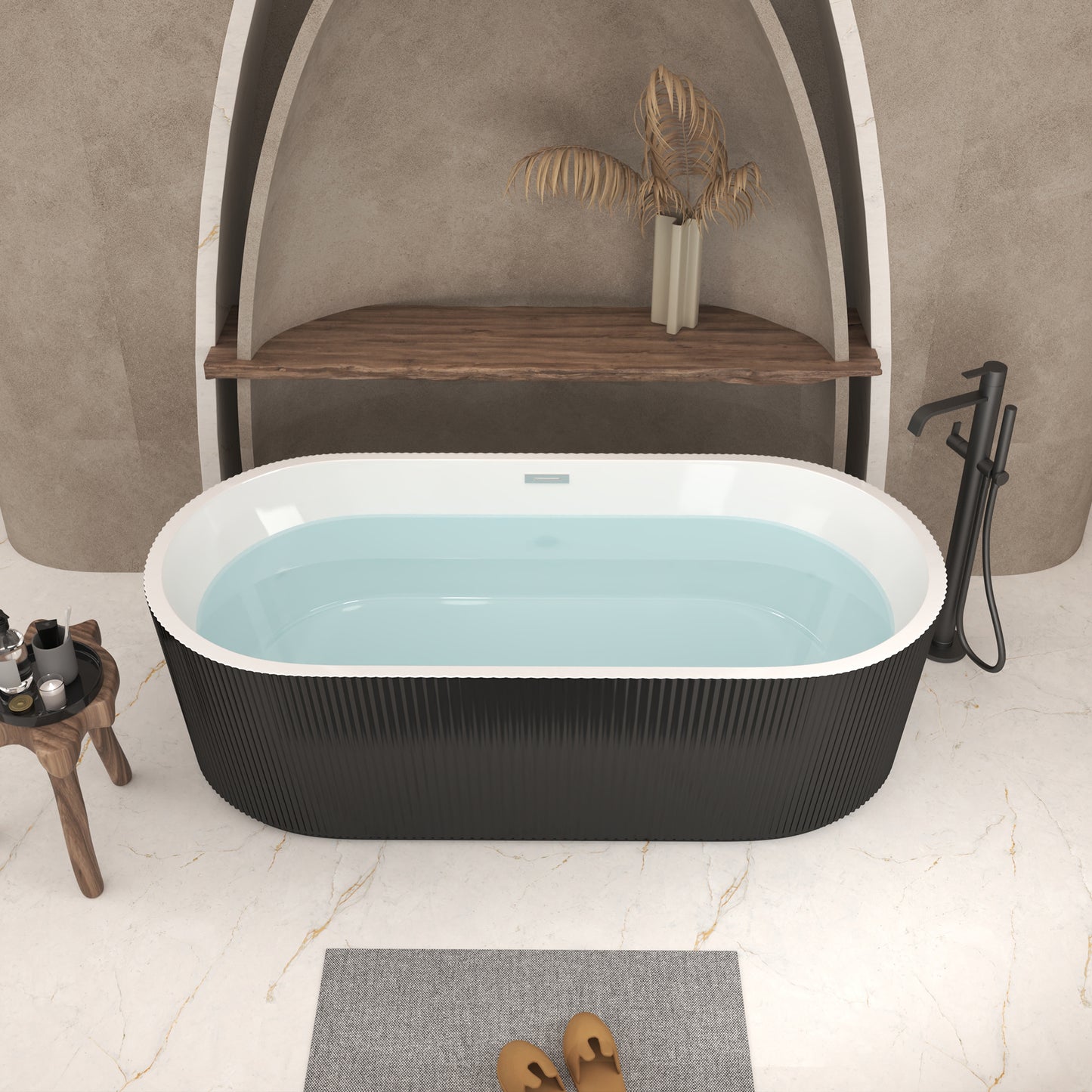67' Linear Acrylic Freestanding Bathtub Stand Alone Soaker Tub, Glossy Black Acrylic, POP-UP Chrome Drain, cUPC Certified
