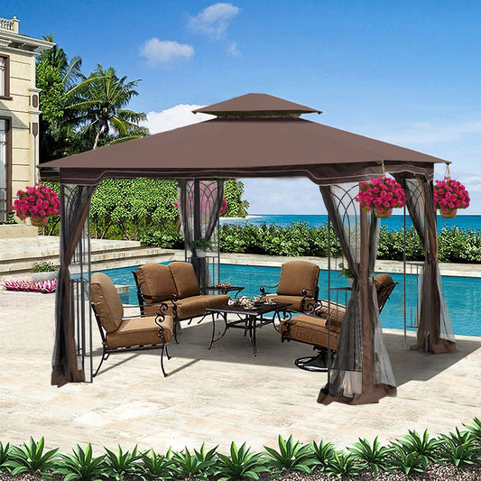 SAME AS W41940786 --10x10 Outdoor Patio Gazebo Canopy Tent With Ventilated Double Roof And Mosquito net(Detachable Mesh Screen On All Sides),Suitable for Lawn, Garden, Backyard and Deck,Brown Top