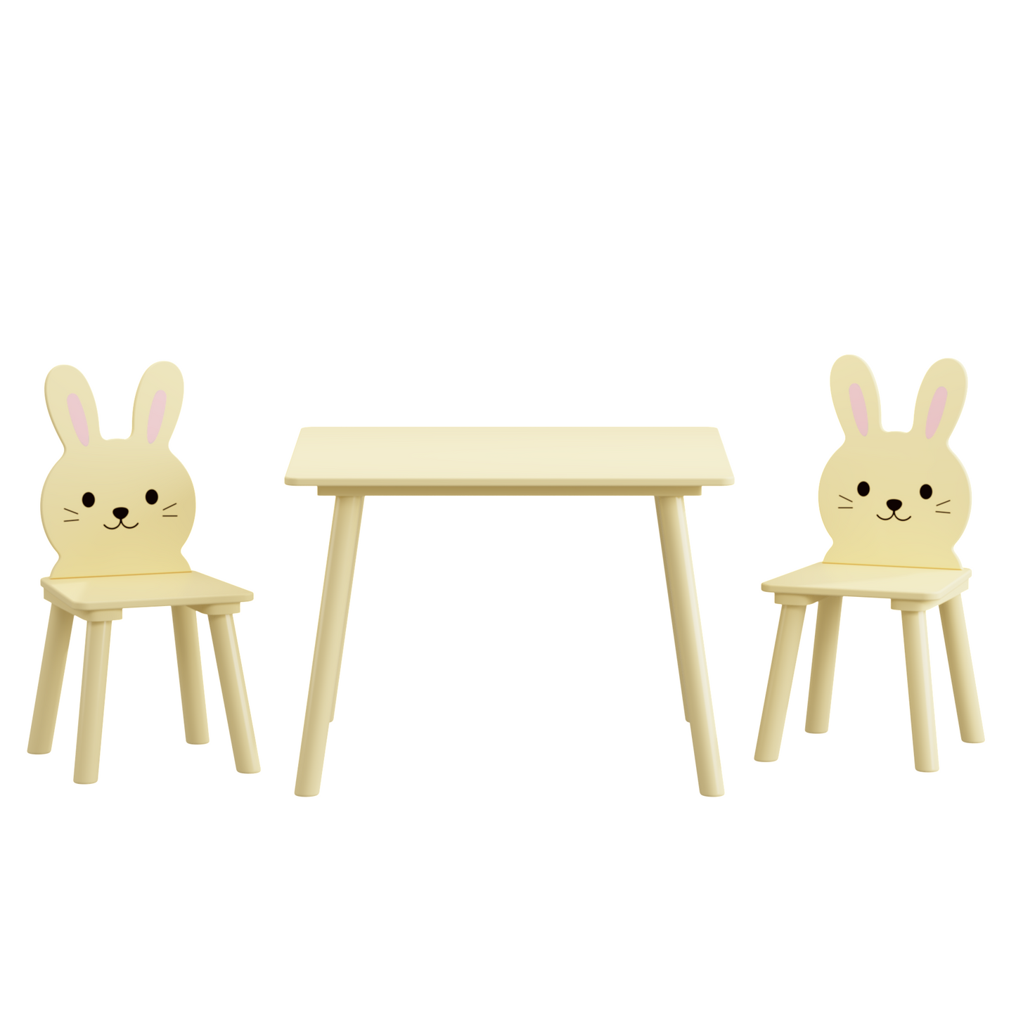 Kids Table and Chair Set with 2 Bunny Chairs, Children's Wooden Activity Table for Toddlers, Cute Animal Design Study Play Set for Playroom, Bedroom, Classroom - Cream Yellow