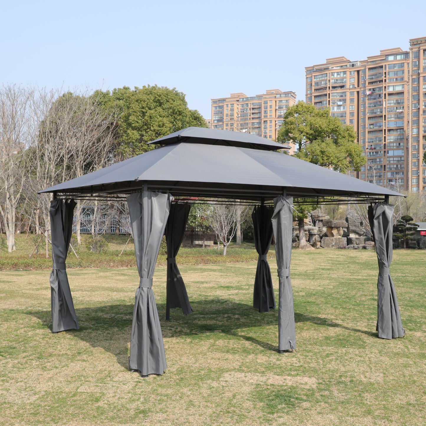 13x10 Outdoor Patio Gazebo Canopy Tent With Ventilated Double Roof And Mosquito net(Detachable Mesh Screen On All Sides),Suitable for Lawn, Garden, Backyard and Deck,GREY Top