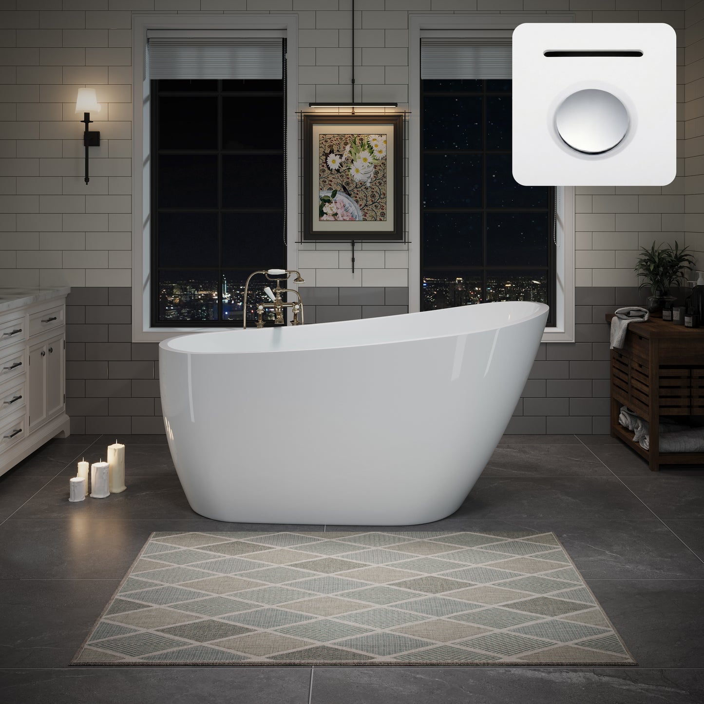 55' Acrylic Freestanding Bathtub, Deep Soaking Contemporary Stand Alone Bath Tub with Pop-up Drain & Integrated Overflow, Chrome-Finish Drain Cover, Glossy White GF-26A04-55