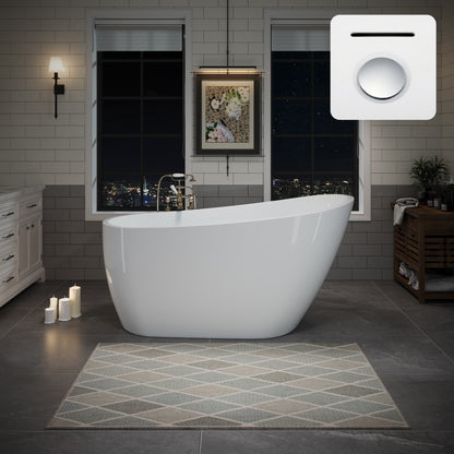 55' Acrylic Freestanding Bathtub, Deep Soaking Contemporary Stand Alone Bath Tub with Pop-up Drain & Integrated Overflow, Chrome-Finish Drain Cover, Glossy White GF-26A04-55
