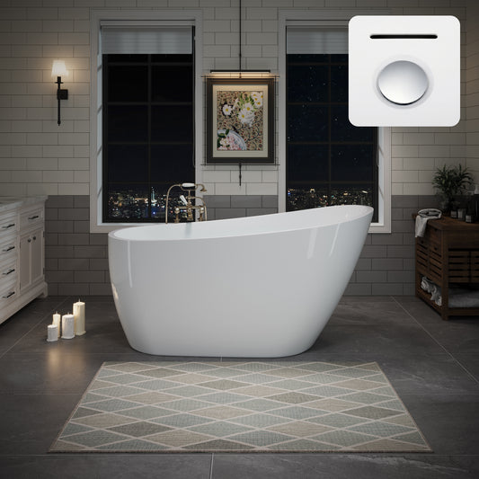 55' Acrylic Freestanding Bathtub, Deep Soaking Contemporary Stand Alone Bath Tub with Pop-up Drain & Integrated Overflow, Chrome-Finish Drain Cover, Glossy White GF-26A04-55
