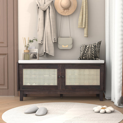 TREXM Boho Rattan Entryway Bench with Storage, Cushioned Shoe Bench with Double Doors, Wooden Shoe Organizer Bench for Entryway and Hallway (Espresso+Beige )