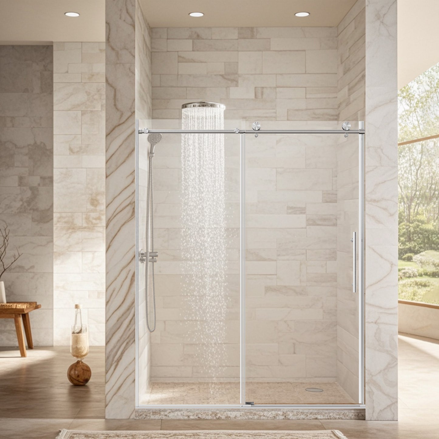 56-60' W * 76' H Stainless Steel Round Tube Frameless Single Sliding Shower Door, 1/4'-thick (6mm) SGCC Clear Tempered Glass Door, Reversible Installation, Brushed Nickel