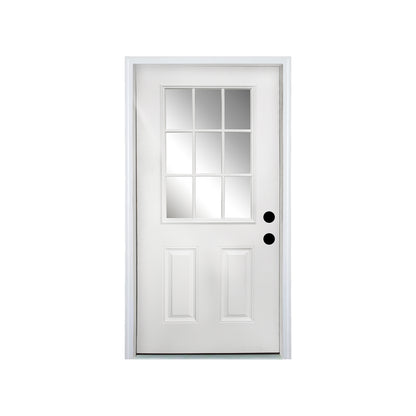 36 x 80 Fiberglass Entry Door with Brickmould, Vinyl Frame,9 Lite Low-E Glass - Primed Front Door for Home's Front Entrance, Left Hand Inswing, White Oak Wooden Grain Knock-Down Door