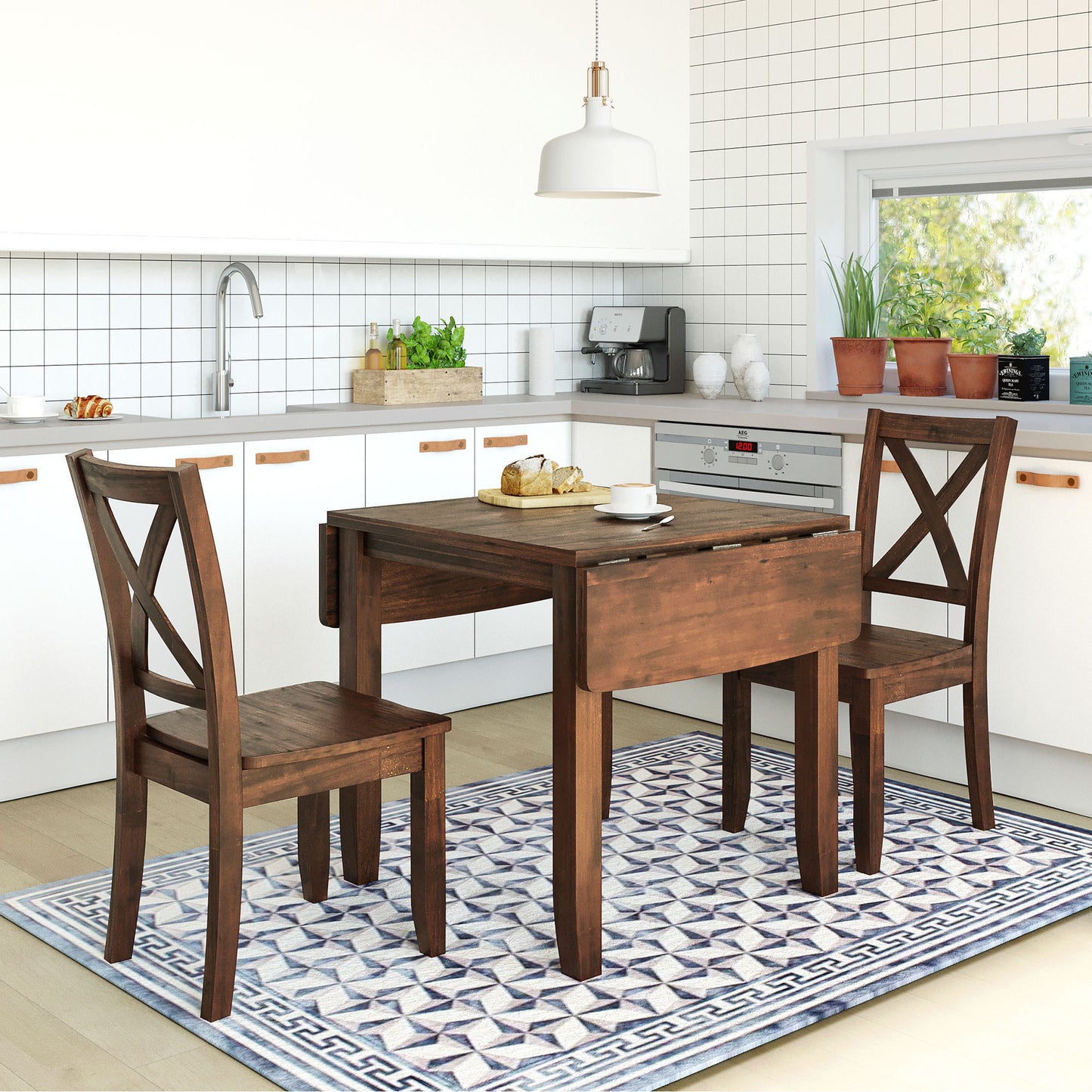 TOPMAX 3-Piece Wood Drop Leaf Breakfast Nook Dining Table Set with 2 X-back Chairs for Small Places, Walnut(old sku:SP0000164AAD)
