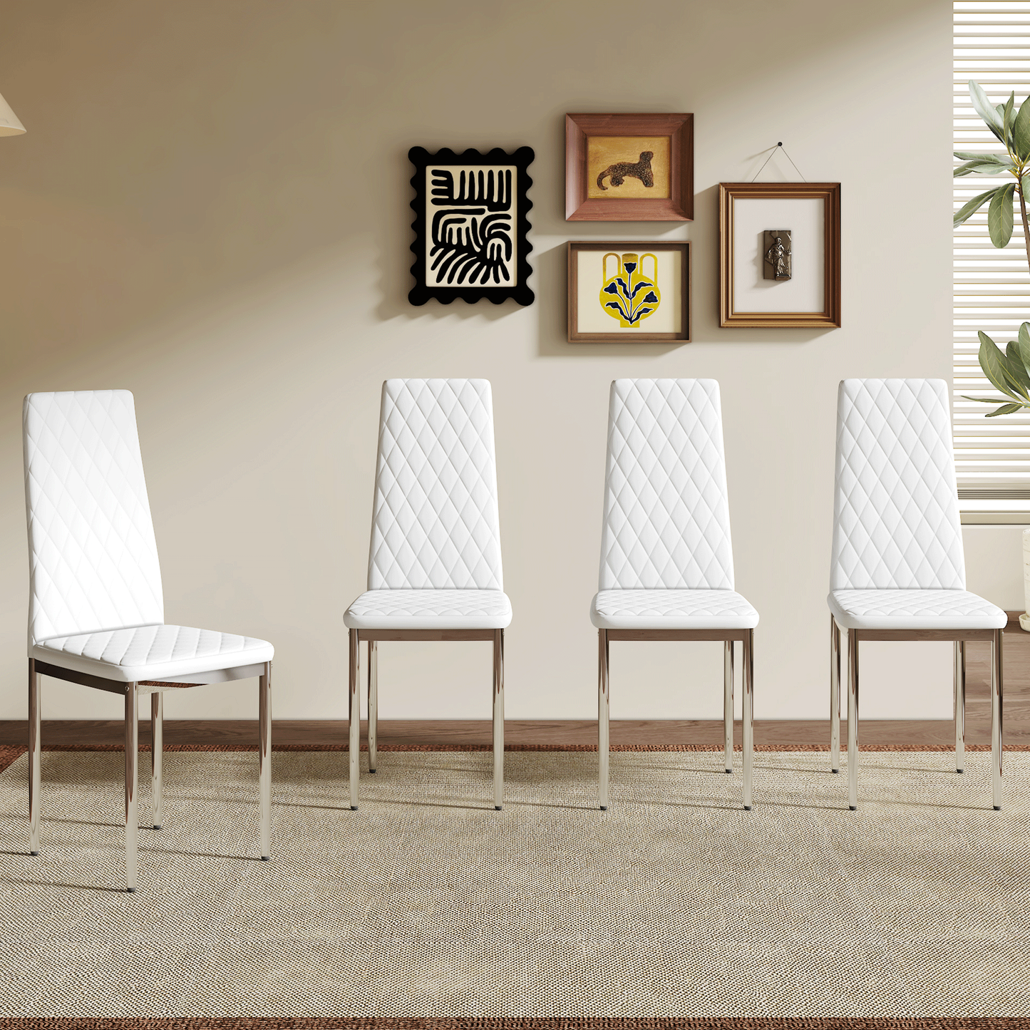 Modern White PU Dining Chairs Set of 4 - Diamond Quilted High Back Design with Silver Chrome Metal Legs, Essential for Minimalist Homes, High Comfort & Affordability, Perfect for Kitchen,W1151107273