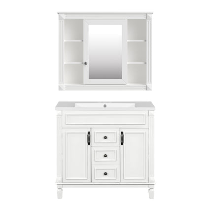 Modern 36'' Bathroom Vanity with Top Sink, Mirror Cabinet, White Solid Wood+MDF Storage Cabinet with 2 Soft-Closing Doors and 2 Drawers