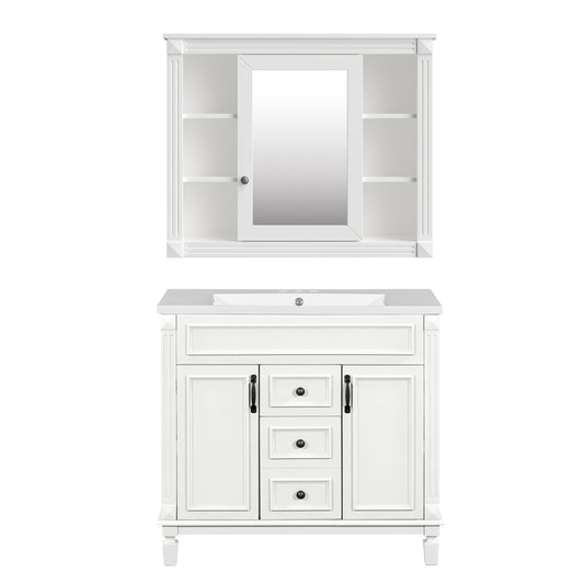 Modern 36'' Bathroom Vanity with Top Sink, Mirror Cabinet, White Solid Wood+MDF Storage Cabinet with 2 Soft-Closing Doors and 2 Drawers