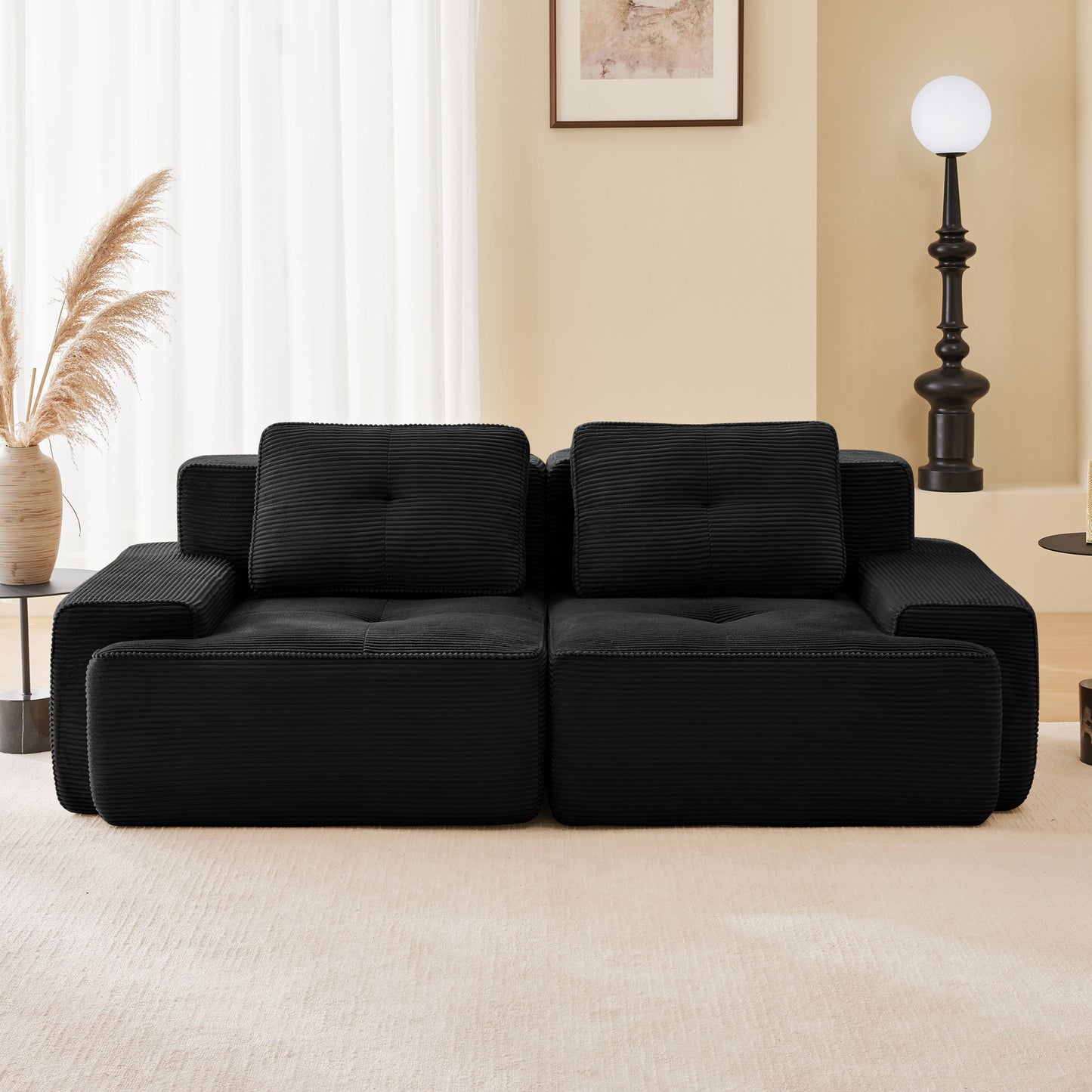82' Modern L-Shaped Modular Sectional Sofa for Living Room, Corduroy Fabric, 2-Seater Couch with Deep Seat , Pearl-like piping, Tufted Design, No Assembly, Anti-slip Design, Black