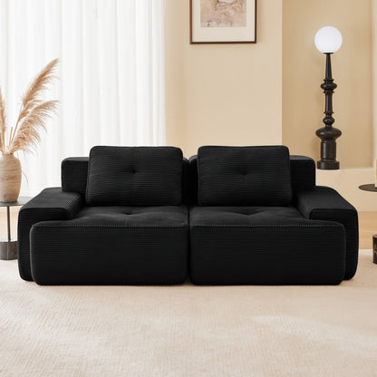 82' Modern L-Shaped Modular Sectional Sofa for Living Room, Corduroy Fabric, 2-Seater Couch with Deep Seat , Pearl-like piping, Tufted Design, No Assembly, Anti-slip Design, Black