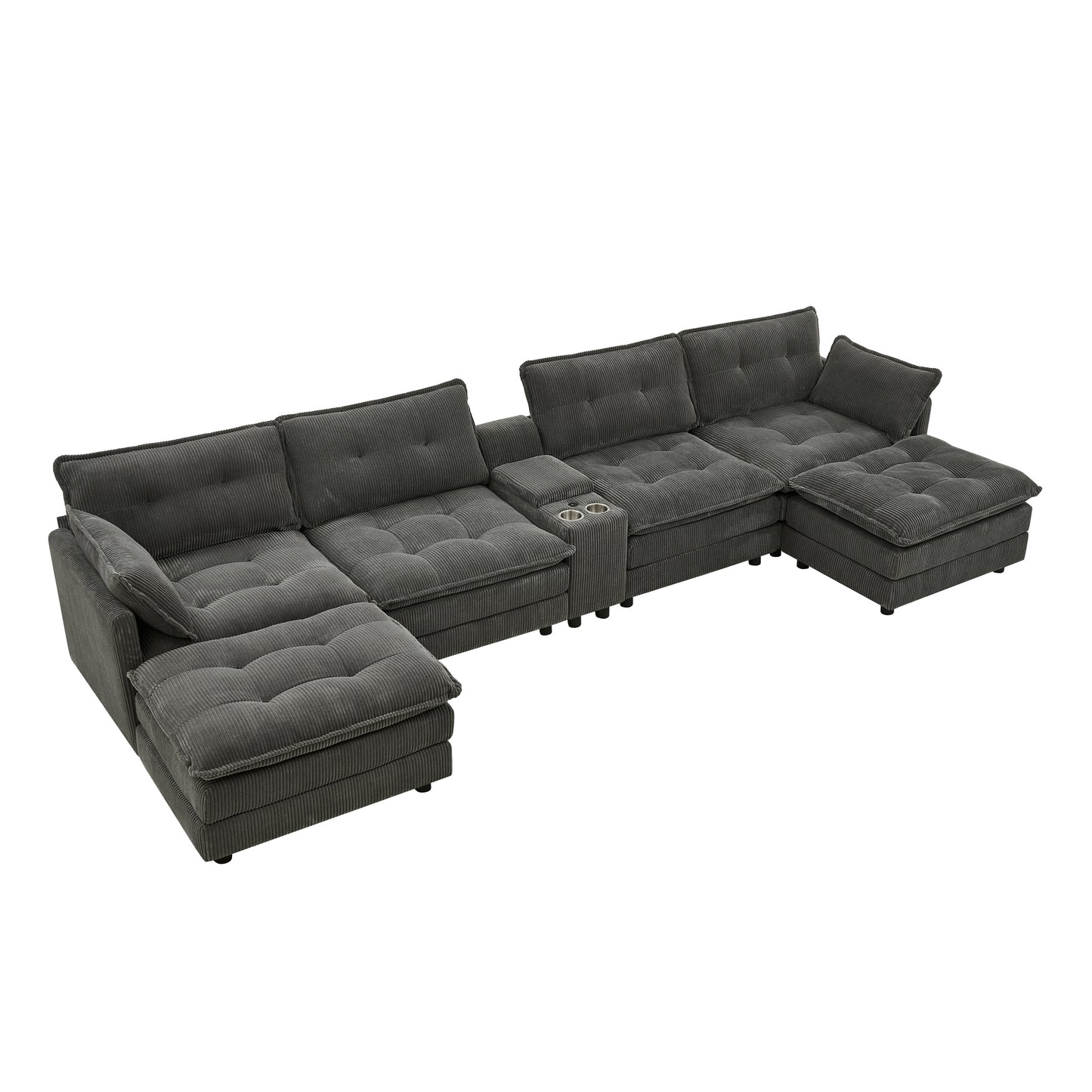 154' Sectional Cloud Sofa Couch with Ottomans, Modular U Shaped Couches for Living Room, Comfy Corduroy Oversized Sectional Modern 6 Seat Deep Seat Sofa Set with Central Console USB Port, Grey