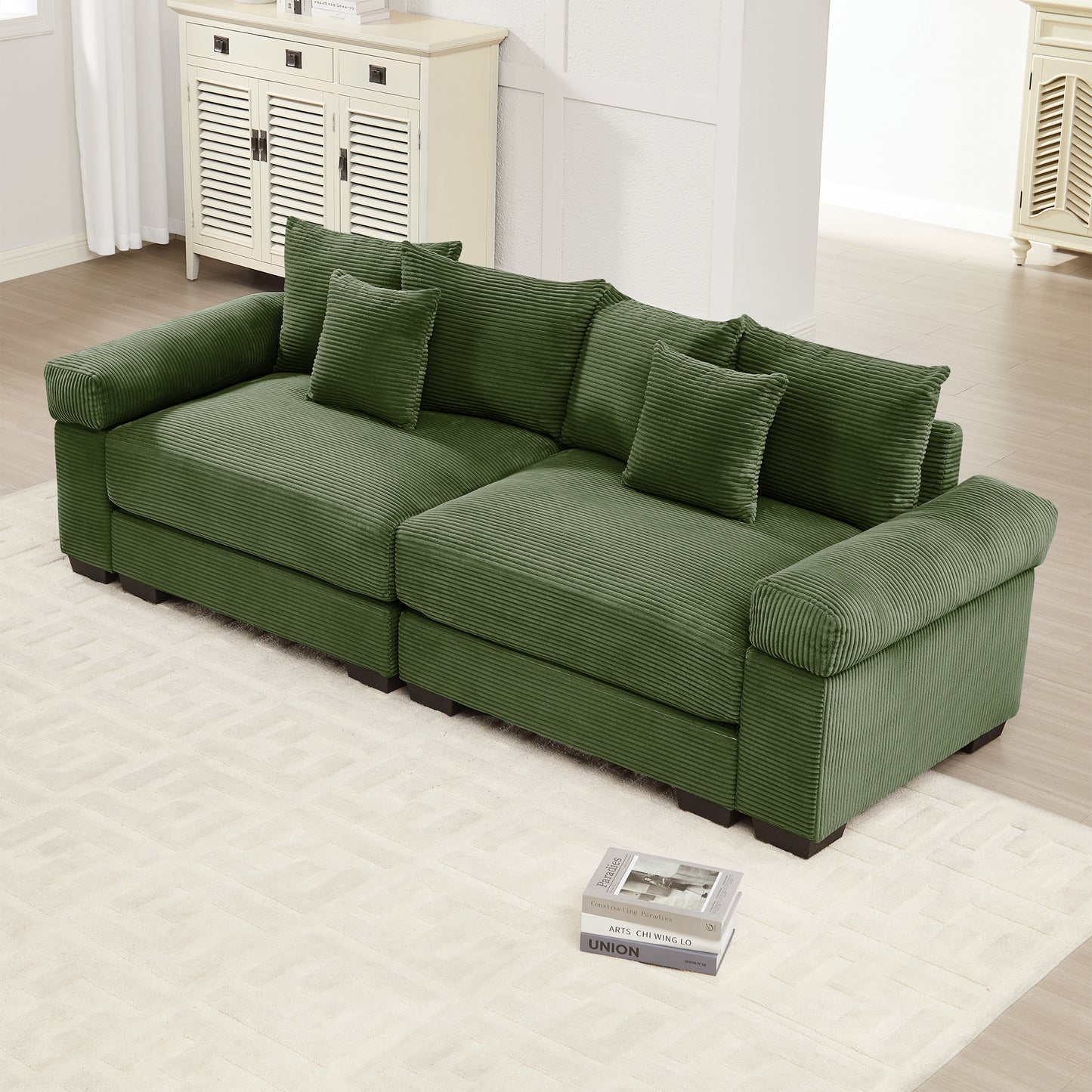 92'  Oversized Cloud Modular Sectional Couch,Corduroy Fabric Extra-Wide Armrests Throw Pillows Ergonomic Design High Resilience Cushion Easy Assembly,For Living Rooms Bedrooms,Green