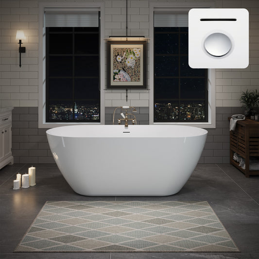 60' Acrylic Freestanding Bathtub, Oval Deep Soaking Contemporary Stand Alone Bath Tub with Pop-up Drain & Integrated Overflow, Chrome-Finish Drain Cover, Glossy White GF-26A09-60