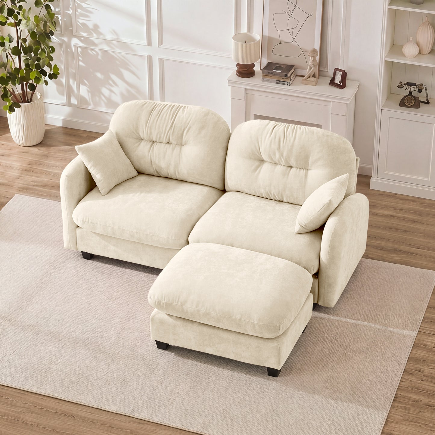 Cloud Sectional L-Shaped Couch With Ottoman,Soft Chenille Fabric,Quilted Pleated Design  High-Density Foam,Fits Bedrooms Living Rooms Reading Nooks,Beige