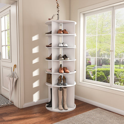Rotating Shoe Rack Tower, 6-Tier Spinning Shoe Rack, Free Standing 360° Revolving Shoe Organizer, High Bottom Design Shoe Tower Spinning Storage Lazy Susany, Fits 24 Pairs of Shoes (6-Tier White)