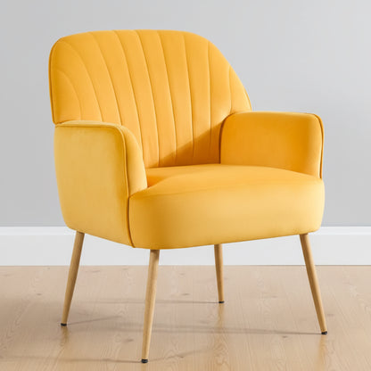 Modern Velvet Accent Chair, Luxury Upholstered Armchair with Metal Legs, Yellow Comfy Barrel Chair for Living Room, Bedroom, Office, Waiting Room, and Cafe