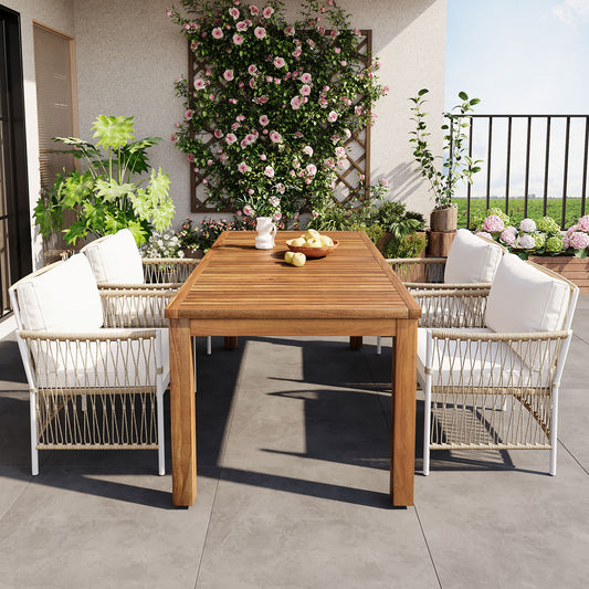 TOPMAX Patio 5pcs Wooden Dining Table Set, Outdoor 67''L Rectangular Table with 4 Rattan Arm Chairs for Poolside, Backyard, Garden, Natural