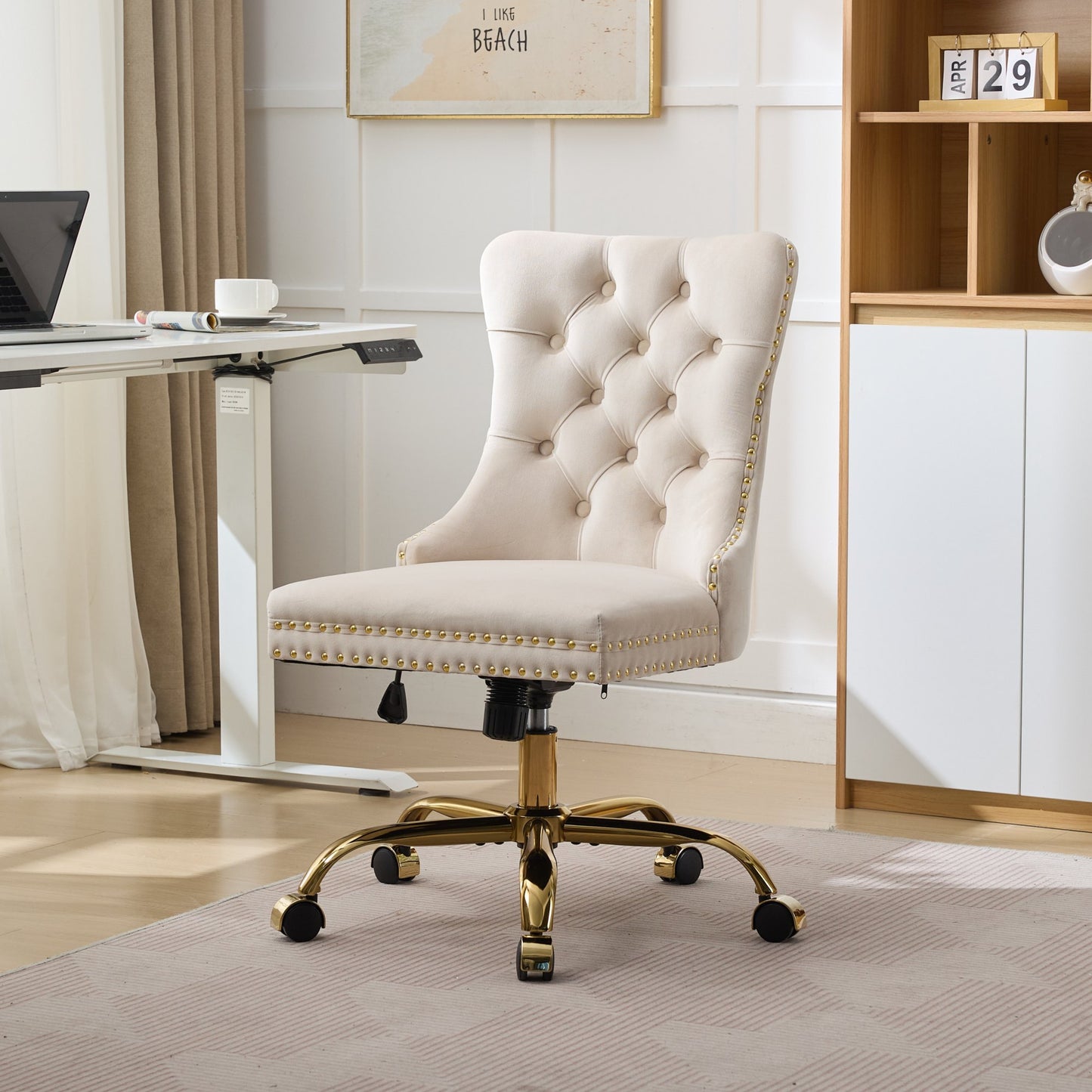 A&A Furniture Office Chair,Modern Velvet Upholstered Tufted Button Home Office Chair with Golden Metal Base,Adjustable Desk Chair Swivel Office Chair (Beige)