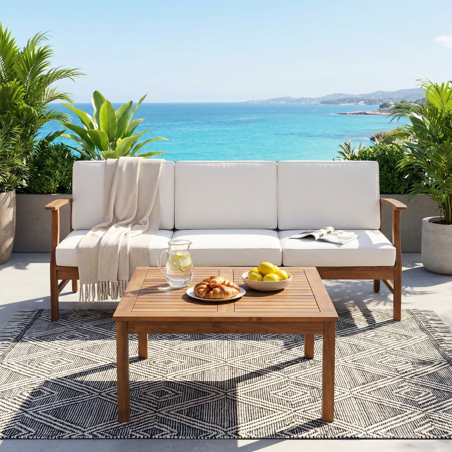 PERLA 3 SEATER SOFA AND TABLE SET, CREAM