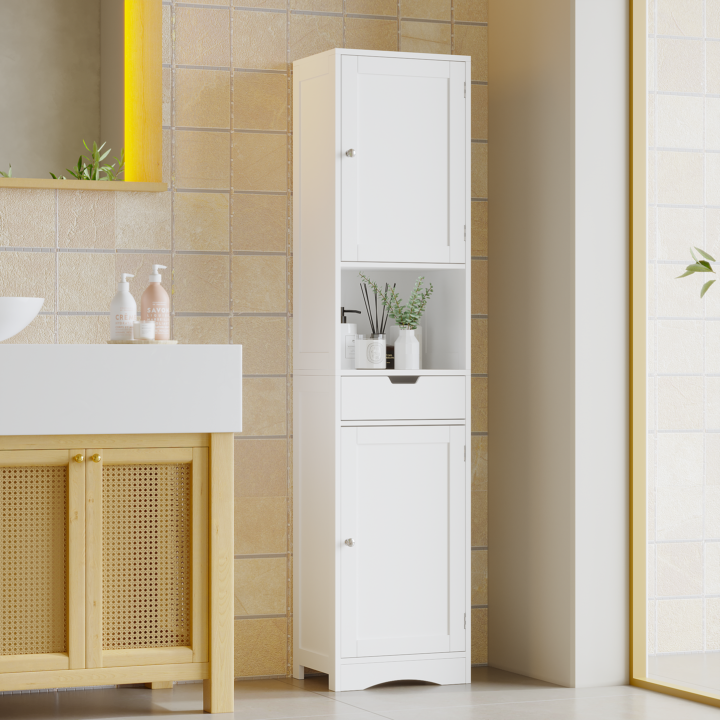 67' Tall Bathroom Cabinet, Storage Cabinet with 2 Doors & 1 Drawer, Narrow Bathroom Storage Cabinets with Adjustable Shelves, Bathroom Floor Organizer for Living Room, Entryway, Home Office, White