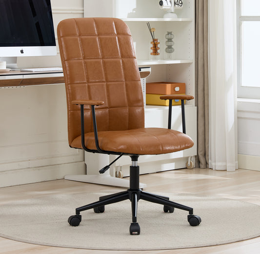 Antique brown PU leather color office chair, with armrest, high backrest, soft foam seating, 360 degree swivel , up and down adjustable gaslift,black powder coated frame,five star base, black wheels