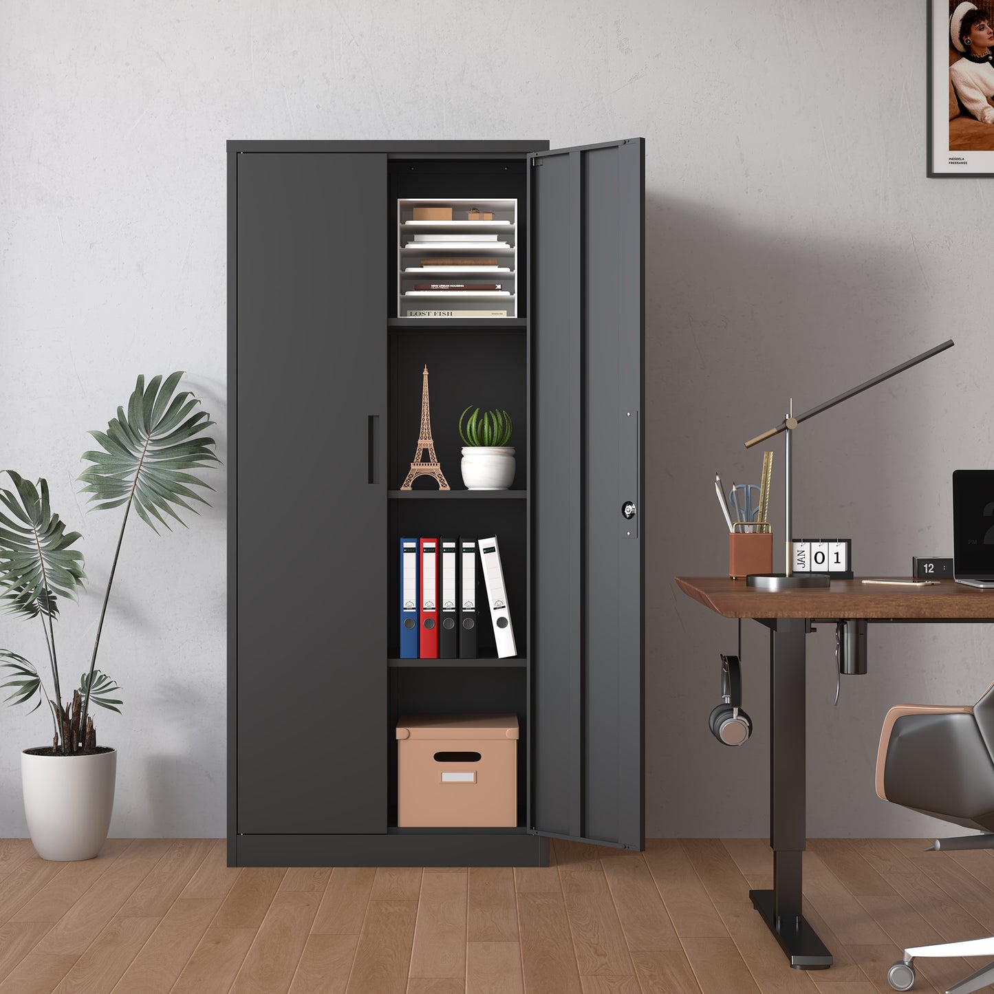 71'H Metal Garage Storage Cabinet, Black Tool Steel Locking Cabinet with Doors and 3 Shelves, Tall Cabinets for Garage Storage Systems Lockable File Cabinet for Home Office, Classroom/Pantry
