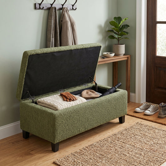Storage Ottoman with Flip-Top Lid, Easy Assembly, Boucle Fabric & Rubber Wood Legs, Retro Green