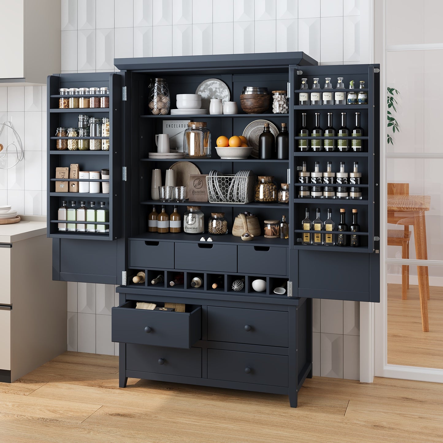 [Assembly&Show Video Available] TOPMAX Freestanding Large Kitchen Pantry Wooden Kitchen Storage Cabinet Cupboard with 8 Door Shelves,3 Adjustable Shelves,7 Drawers& 8 Wine Racks, Gray