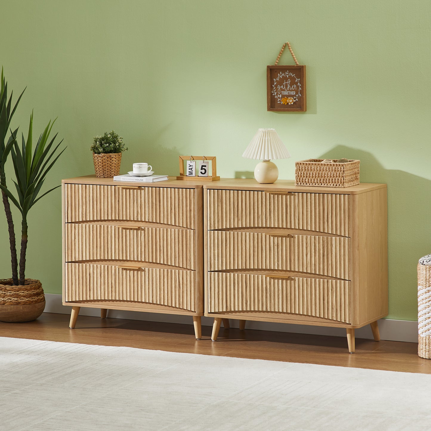 Fluted 3 Drawer Dresser Set of 2, Modern Tall Chest of Drawers with Vertical Grooved Design, Wood Storage Cabinet with Metal Handles for Bedroom Living Room, Oak. (23.6'W x 15'D x 30'H).