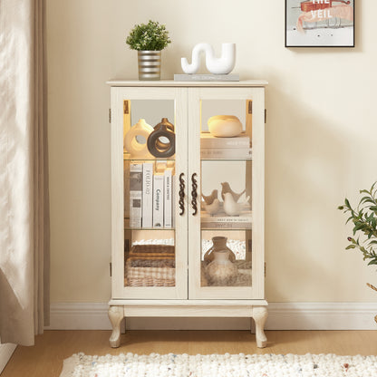2 Doors Curio Cabinet with Tempered Glass Doors, Curio Cabinets with Mirrored Back Panel and Adjustable Shelves, Lighted Display Cabinet for Home, Office Light Bulb Included White