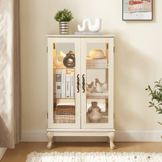 2 Doors Curio Cabinet with Tempered Glass Doors, Curio Cabinets with Mirrored Back Panel and Adjustable Shelves, Lighted Display Cabinet for Home, Office Light Bulb Included White