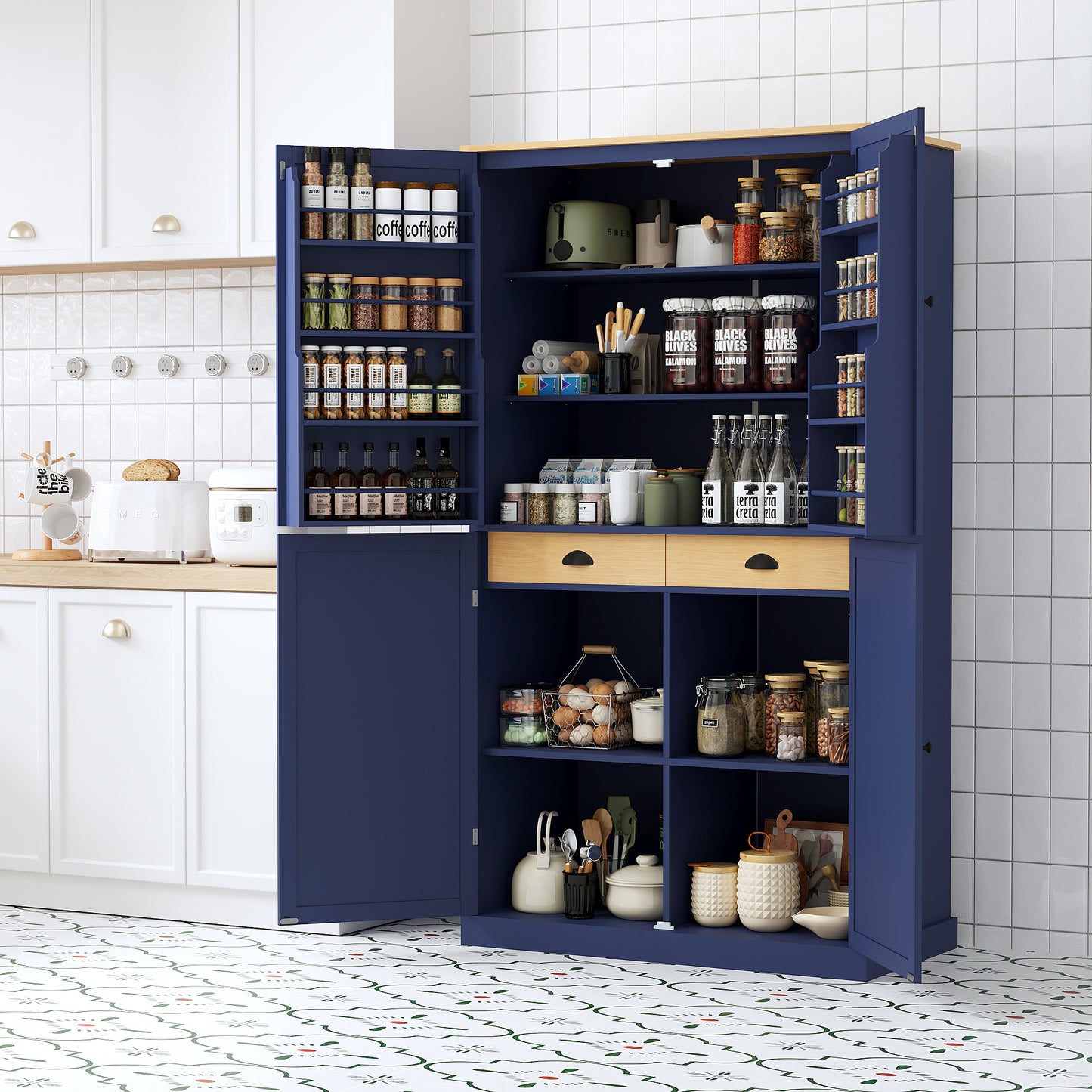 [Assembly Video Provided]TOPMAX 40.2x20x71.3inch High Freestanding Kitchen Pantry Large Cupboard Storage Cabinet with 2 Drawers, 2 Adjustable Shelves, 8 Door Shelves for Kitchen, Dining Room,Blue