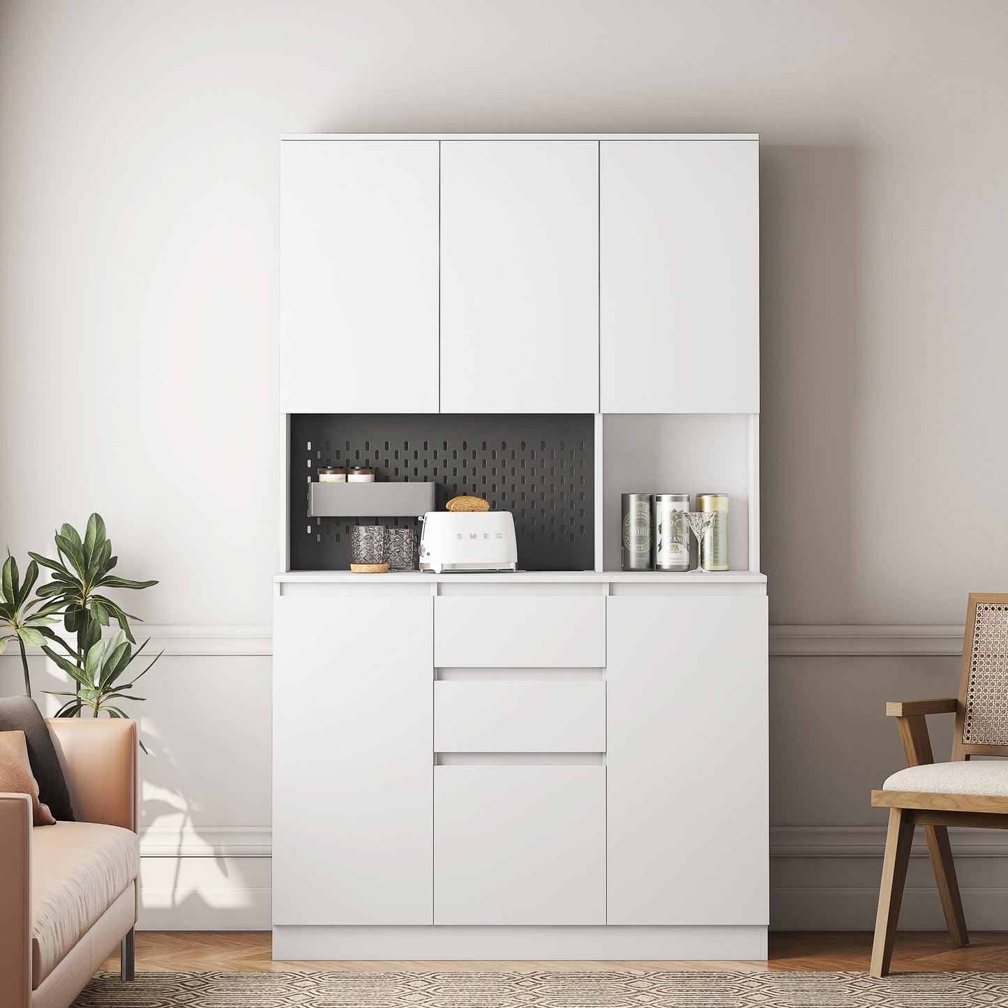 74' Kitchen Pantry Cabinet with Charging Station,Freestanding Buffet Cupboards Sideboard with Drawer,Modern Pantry Cabinet with Microwave Stand for Kitchen,Living Room,Dinning Room