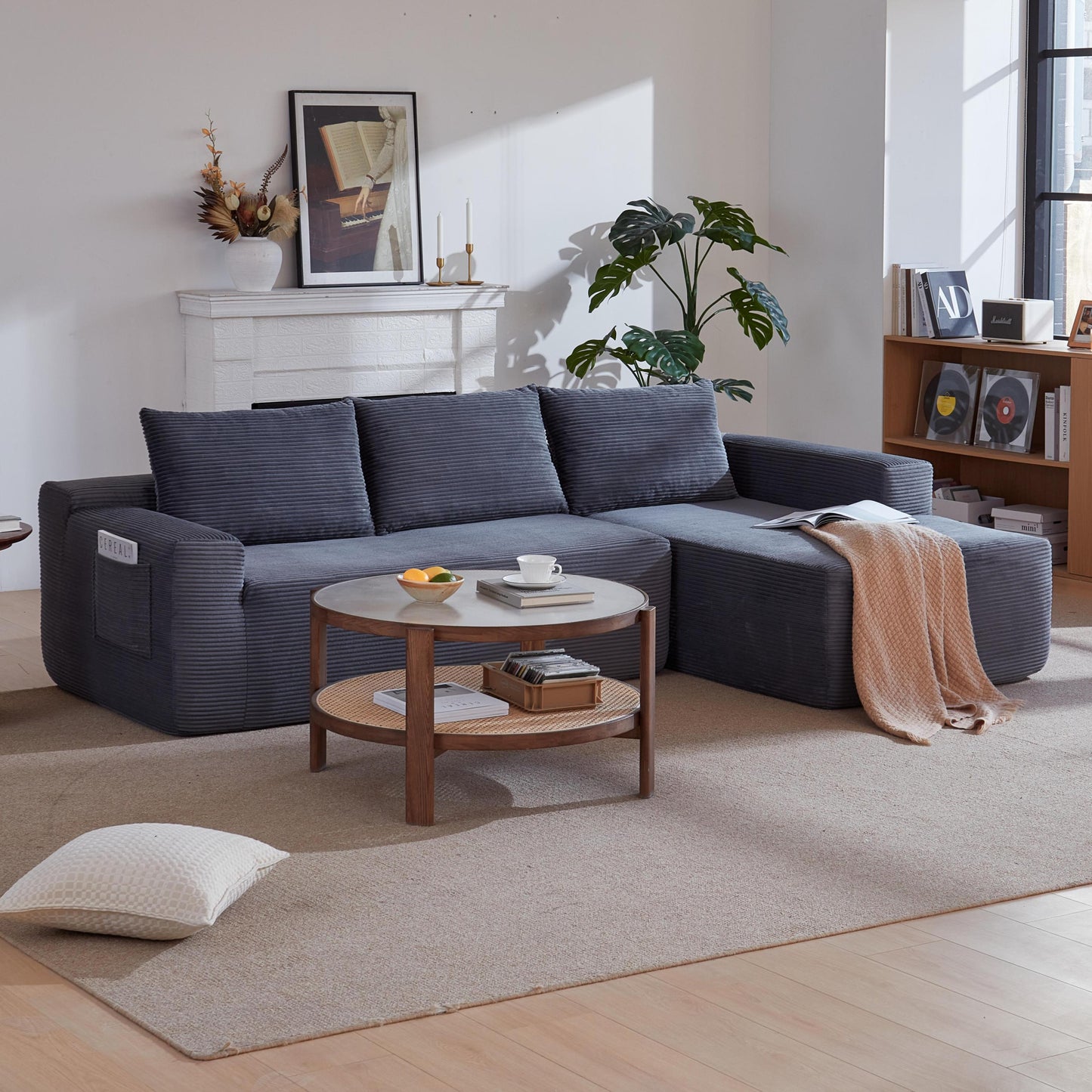 New 96.9'Compressible doubleCloud Sectional Couch with L-Shape Chaise,Modern Modular Sofa with Deep Seat,Upholstered Couches for Living Room Bedroom,No Assembly Required, Corduroy Fabric,Grey Right